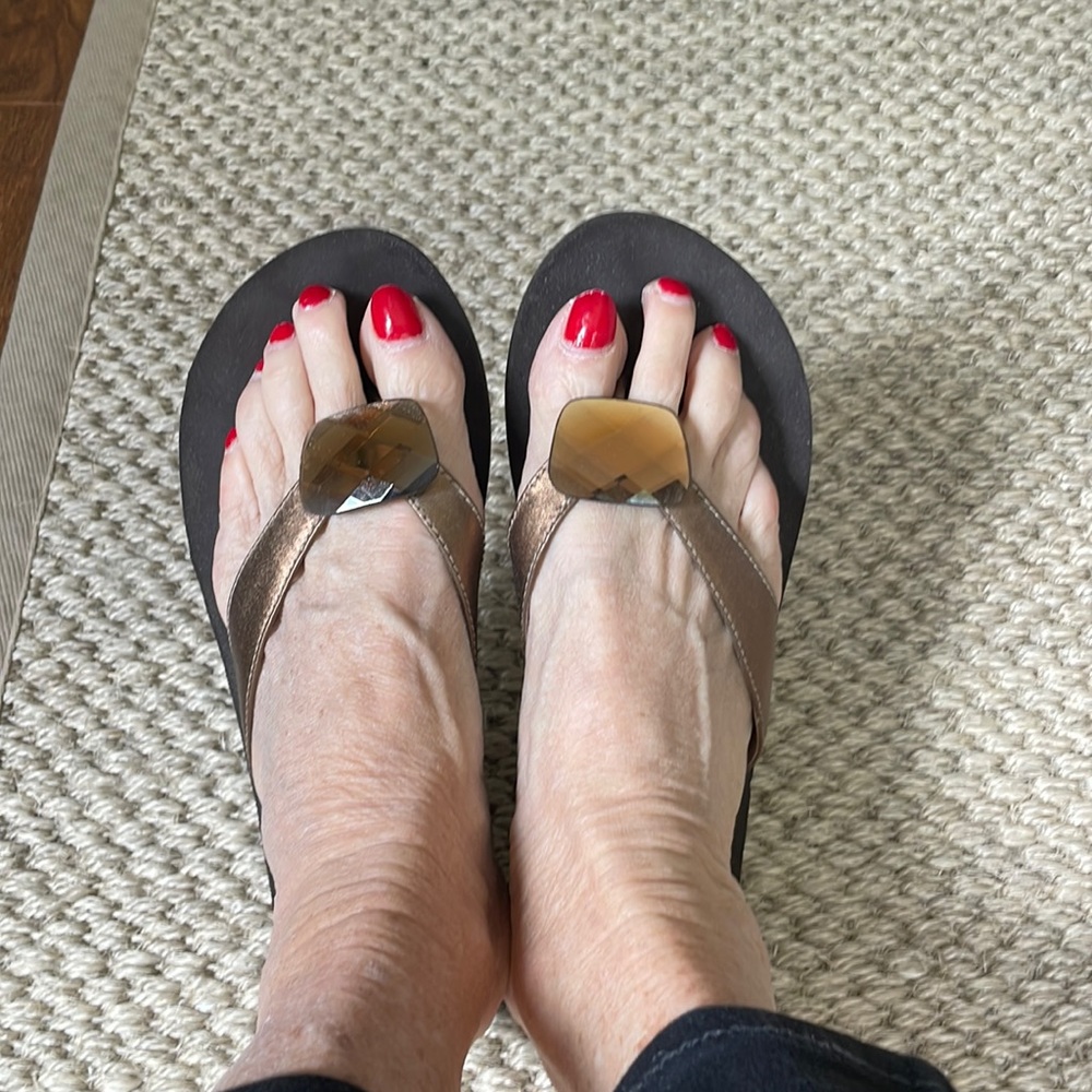 Yellow Box bronze flip flops with jewel
